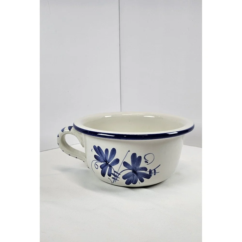 Vintage Blue Floral Handled‎ Soup Bowl Ceramic Serving Dish Farmhouse Kitchen